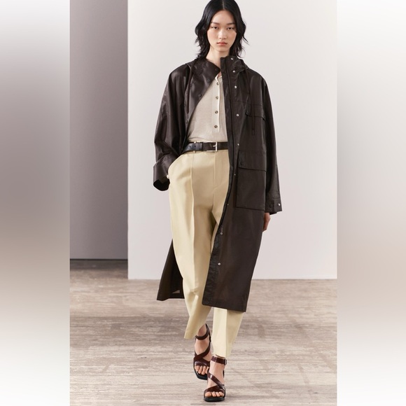 Zara Long Brown Burgundy Light Jacket High collar Drawstring Hood size XS-S NWT - Picture 3 of 16